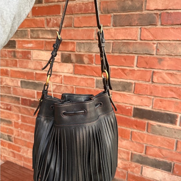 Dooney & Bourke black leather drawstring bucket bag with fringe - Picture 2 of 5